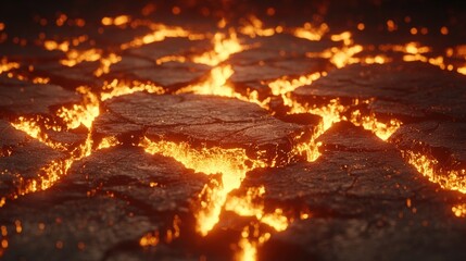 A close-up view of cracked, textured ground with fiery lava flowing beneath it.