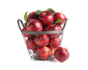 Fresh ripe red apples in metal basket isolated on white
