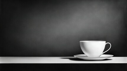 Fototapeta premium A monochromatic image of a coffee mug and plate sitting on a white table against a black backdrop