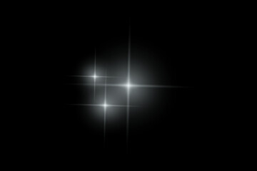 Silver sparkle lights, flashing lights, light effects, sunlight lens flare, glowing ray beams, sparkling starsicon on black background.