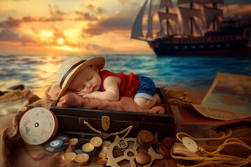 A sleeping baby in a suitcase surrounded by nautical treasures at sunset by the sea