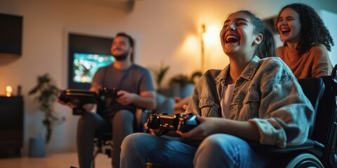 A young person in a wheelchair playing video games with friends in a living room
