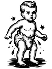 Fototapeta premium Black and white vintage illustration of a baby in a diaper standing in a puddle.Generative ai.