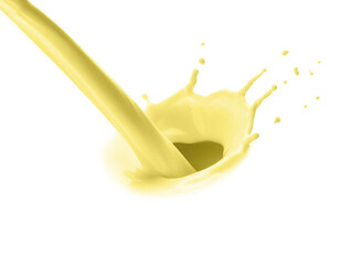 Flow of banana or vanilla milkshake on white background