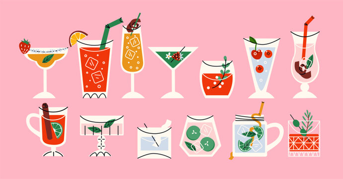 Set alcoholic cocktails in glasses in cartoon retro style of different shapes. Classic summer drinks, aperitif. Hippie groovy drinks hand drawn