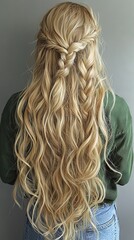 Naklejka premium Woman's head with long blonde hair braided halfway up and halfway down
