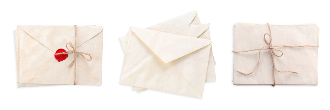 Old envelopes isolated on white, set. Letter
