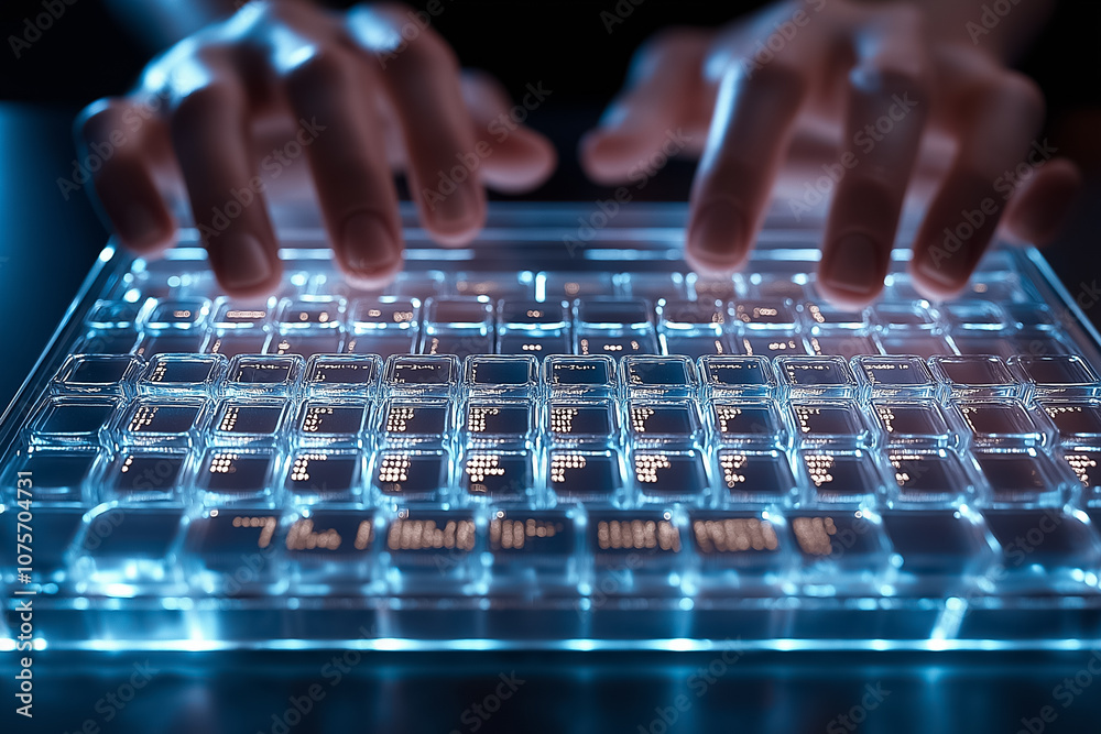 Poster hands move quickly over a glowing keyboard, emphasizing the merge of technology and productivity in 