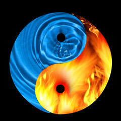 Yin and yang symbol made of fire and water on black background