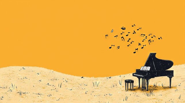   Piano in Sand with Musical Notes - Painting of a grand piano sitting in the sand, its strings vibrating as musical notes emerge from the top A matching piano stool
