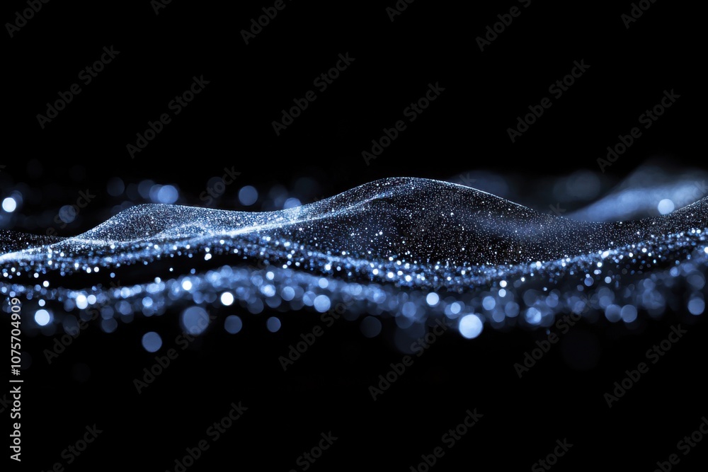 Poster abstract glowing blue water waves with bokeh lights on a black background, a technology and science 