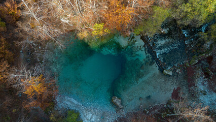 Natural blue hole karst source Oko Skakavice in Montenegro, Europe in autumn season. Aerial view of beautiful mountain lake with clear turquoise water. Prokletije National Park.