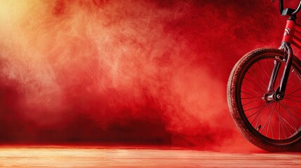   Red bicycle positioned on wood planks beside smoky green-yellow backdrop