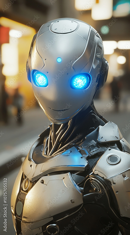Poster a humanoid robot with blue glowing eyes stands in a city setting, its metallic skin gleaming under t