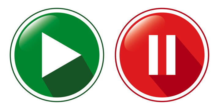Play and pause 3D buttons isolated on transparent or white background. Green and red buttons with play and pause symbols for video, music, audio concepts, vector illustration.
