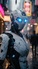 Fototapeta premium A white robot with blue eyes stands in a futuristic city setting, looking forward and seemingly observing the surroundings