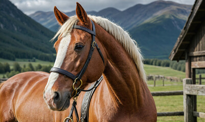 Naklejka premium A chestnut horse with a white blaze stands in a field, mountains in the background