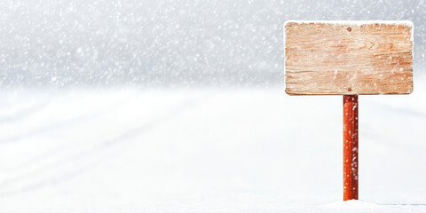 Naklejka premium Blank wooden road sign against the backdrop of a snowy winter and falling snow, copy space
