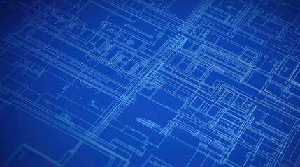Blueprint design with intricate lines on a blue background, illustrating architectural plans.