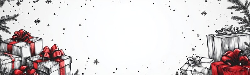 Obraz premium Many presents on a white background with snowflakes, christmas holiday