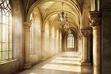 Sunlit Hallway with Arched Ceiling and Chandelier