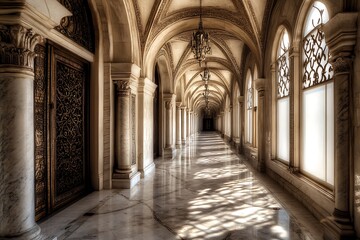 Fototapeta premium Ornate Marble Hallway With Sunbeams and Ornate Columns