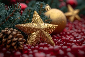 Christmas background with red and gold decorations, stars, and pine branches on a red backdrop