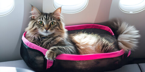 Cute cat lying in cat carrier in airplane cabin next to porthole. Traveling with pets, copy space