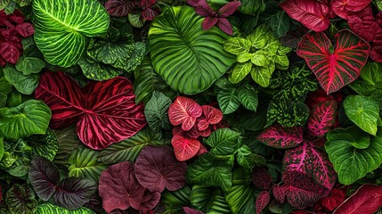 Obraz premium A close-up of multiple plants with red, green, and purple foliage overlaid