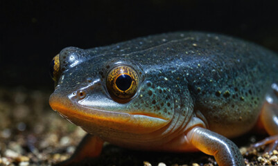 A blue-grey frog with large, golden eyes rests on a bed of gravel