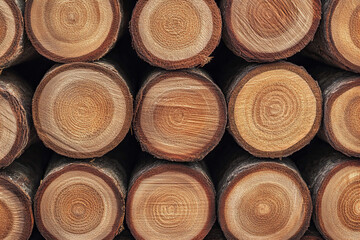 Close-Up of Rustic Wooden Logs Stacked Together, Showcasing Natural Texture, Circular Growth Rings, and Organic Warmth for Environmental Decor, Carpentry Themes, and Background Use