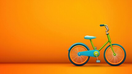 Fototapeta premium A green bike with blue handles rests against an orange wall, boasting a blue seat