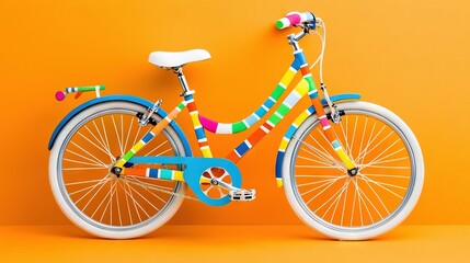 Fototapeta premium A multicolored bicycle leans against a yellow wall with a colorful ribbon adorning its front