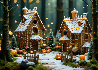 Fototapeta premium Enchanting Gingerbread Candy Village in Fantasy Forest with Fireflies and Colorful Flowers