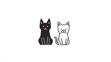 Cute Cartoon-style Illustration of Two Cats Sitting Side by Side, One Black and One White, Perfect for Pet Lovers, Children’s Books, and Greeting Cards