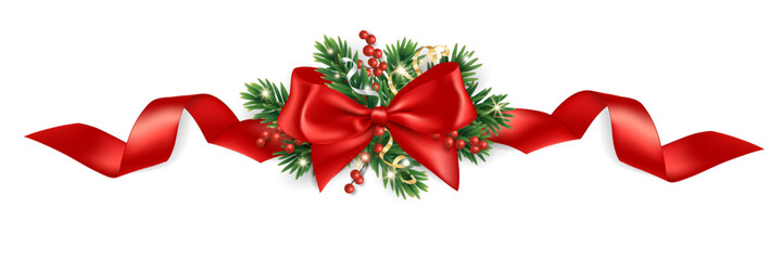 Realistic pine tree branches with red bow and ribbons. Christmas tree decoration for holiday banners, party posters, cards, headers, social media. Transparent background in vector file.