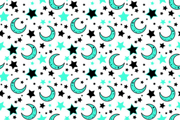 Stars and moons on white background. Vector seamless pattern