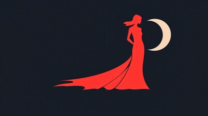 Elegant Silhouette of a Woman in a Flowing Red Dress Standing Gracefully Against a Dark Background with a Shining Crescent Moon