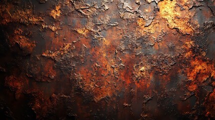 Corroded steel plate, rough texture with deep rust, flaking and pitting, brown and red tones, softly lit by diffused light for a moody effect