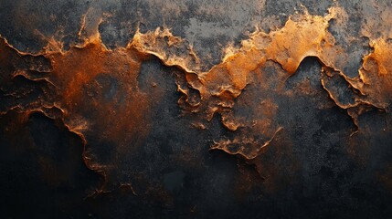 Naklejka premium Corroded steel surface, swirling rust textures, peeling layers, burnt orange to black gradient, dynamic rough texture, atmospheric lighting