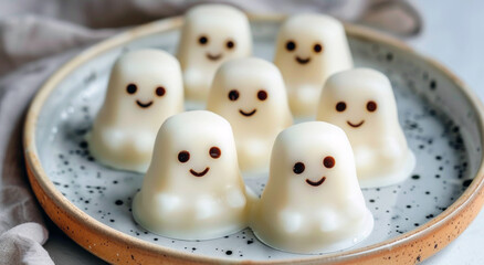 A plate holds several adorable white chocolate candies shaped like friendly ghosts, perfect for Halloween treats