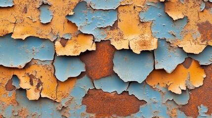 Corroded steel surface with thick rust, layers of peeling blue paint, deep cracks, and rough textures, close-up shot showing intricate details in orange and brown hues