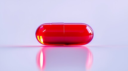 Close-up of a glossy, red pill on a white surface, precise lighting, ultra-detailed, perfect symmetry, clean pharmaceutical design with depth