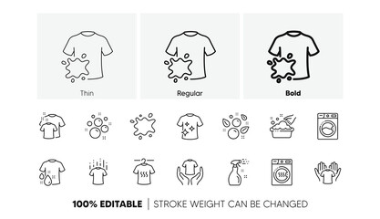 Dryer, Washing machine and dirt shirt. Laundry line icons. Laundromat, hand washing, laundry service icons. Linear set. Line icons set. Vector