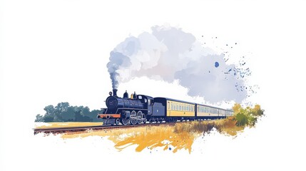 Fototapeta premium Vintage Steam Train Chugging Through Scenic Countryside with Beautiful Cloudy Sky and Rolling Hills Illustrating Nostalgic Travel Adventure in Colorful Artwork