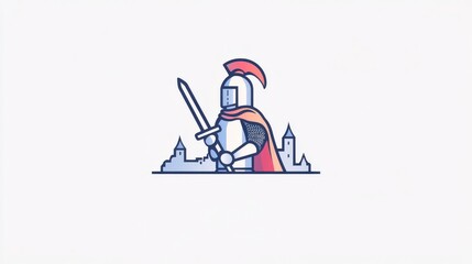 Knight Illustration with Sword and Castle Silhouette, Perfect for Medieval Themes, Adventures, and Historical Concepts in Design Projects