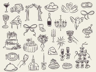 Set of whimsical hand-drawn wedding ceremony food and drink illustartion in trendy vintage style. Perfect for quirky wedding holiday, dinner and bar menu, bachelorette party, birthday invitation, sign