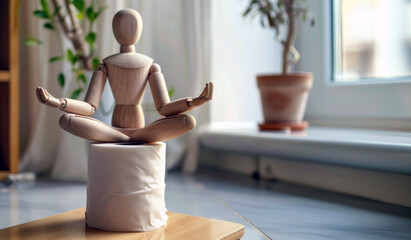 The wooden mannequin sits calmly in a lotus position on a toilet paper roll, hands clasped in prayer within a serene home environment. concept of the problem with hemorrhoids.
