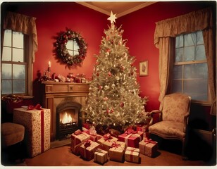 Christmas decorations featuring a beautifully adorned tree, vibrant presents, and a cozy fireplace