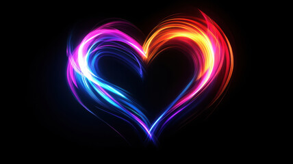 Bright neon heart with colorful light streaks